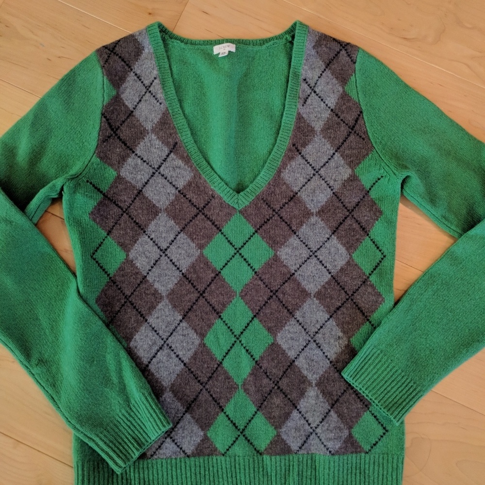 J Crew Lambs wool Green V-Neck Sweater XS